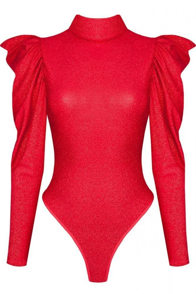 Эротическое боди с рюшами на плечах и вырезом на спине demoniq, красное в Севастополе