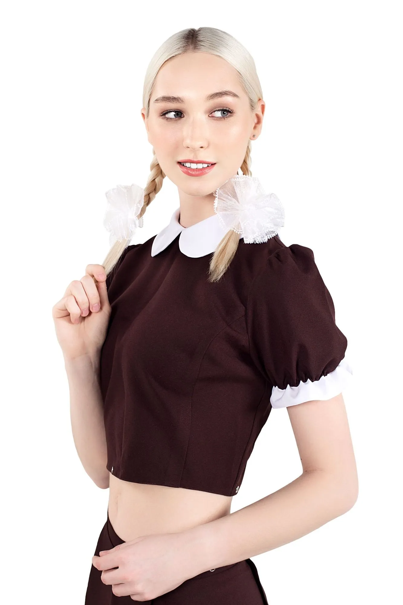 Эротическое верхняя часть костюма «русская школьница», pecado bdsm, топ, банты, коричнево-белый, 44 в Севастополе