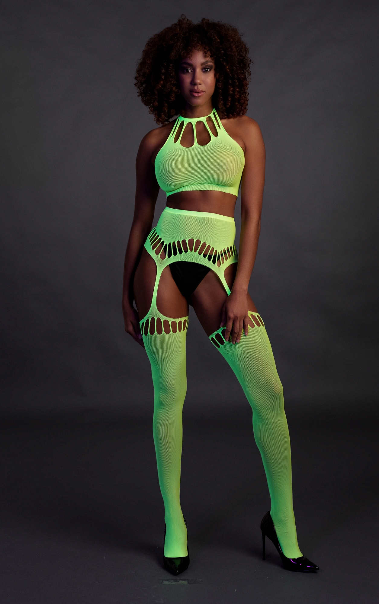 Эротическое топ в комплекте с чулками и трусиками two piece with crop top and stockings - green - xs/xl в Севастополе