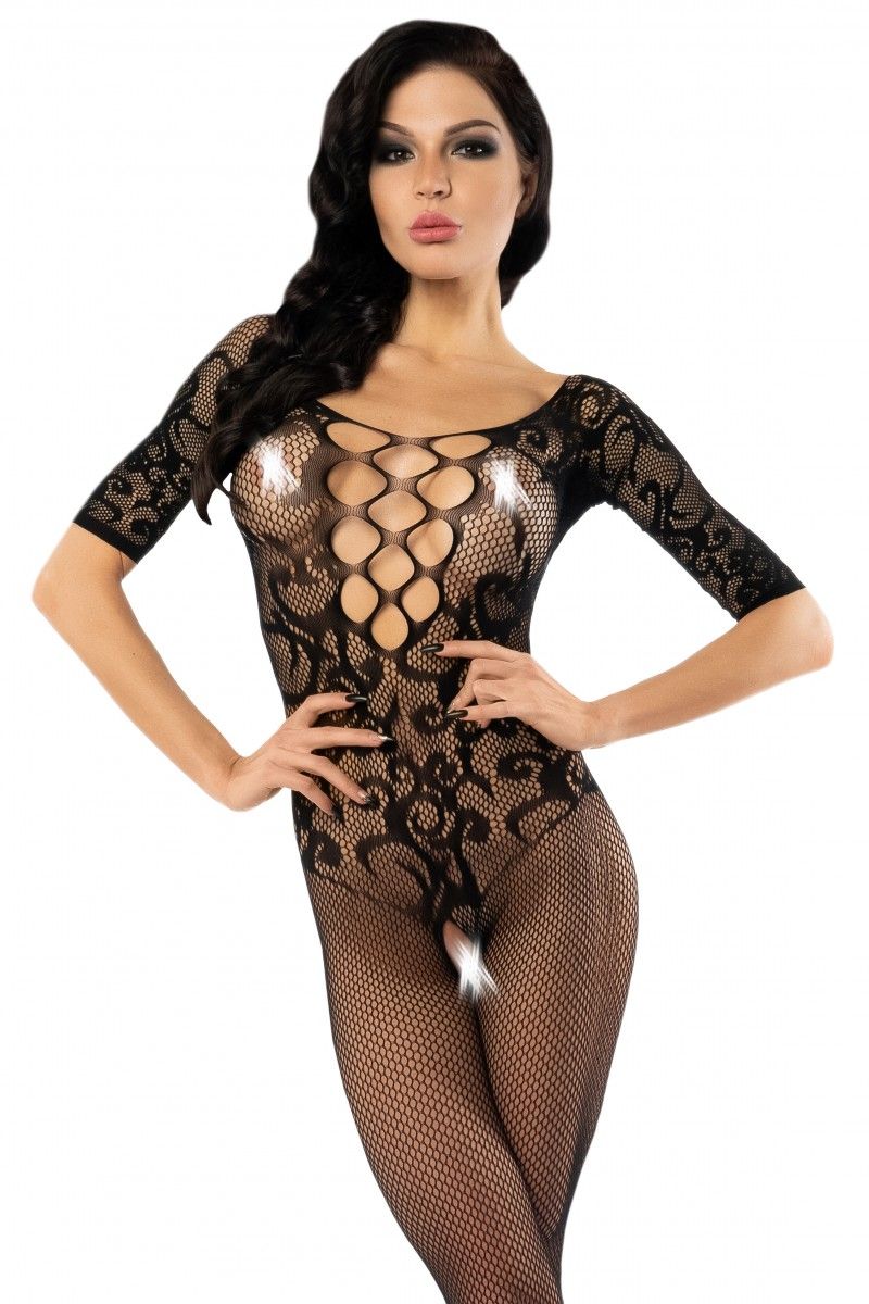 Эротическое комбинезон-сетка кружевной с доступом, черная в Севастополе