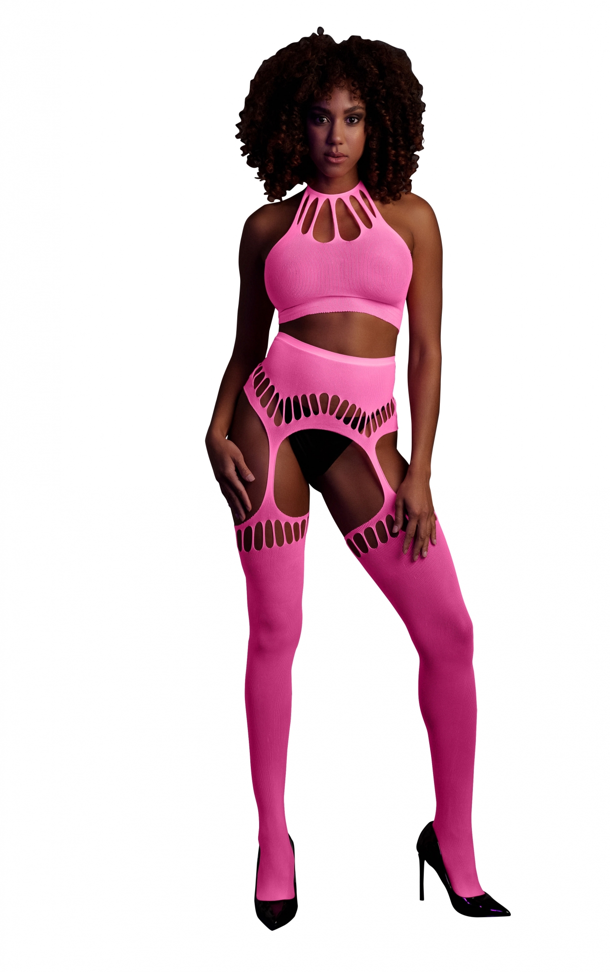 Эротическое топ в комплекте с трусиками и чулками two piece with crop top and stockings - pink - xs/xl в Севастополе