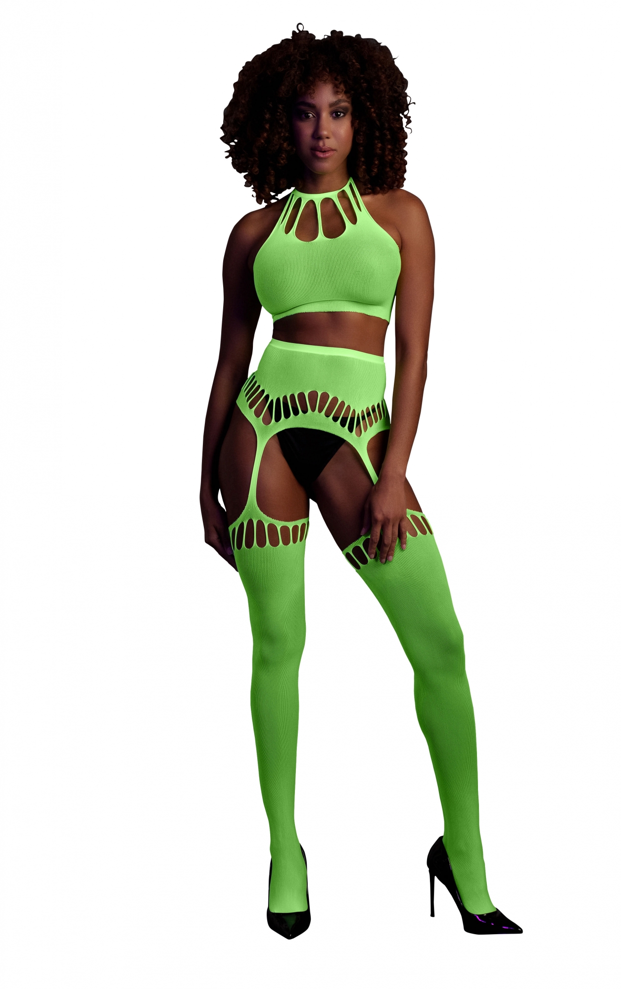 Эротическое топ в комплекте с чулками и трусиками two piece with crop top and stockings - green - xs/xl в Севастополе