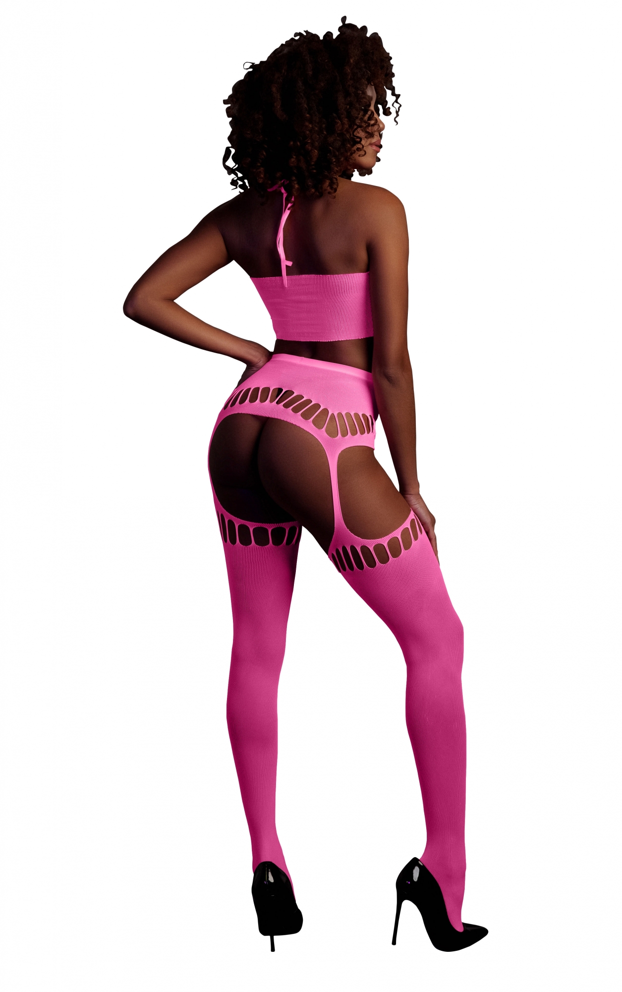 Эротическое топ в комплекте с трусиками и чулками two piece with crop top and stockings - pink - xs/xl в Севастополе