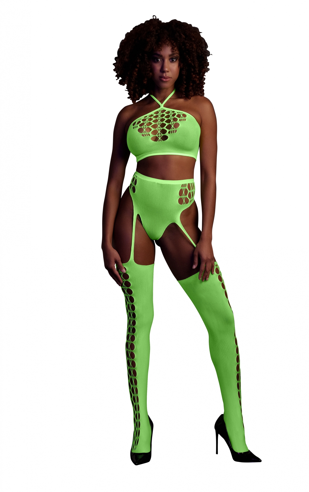 Эротическое топ в комплекте с чулками и трусиками two piece with crop top and stockings - green - xs/xl в Севастополе