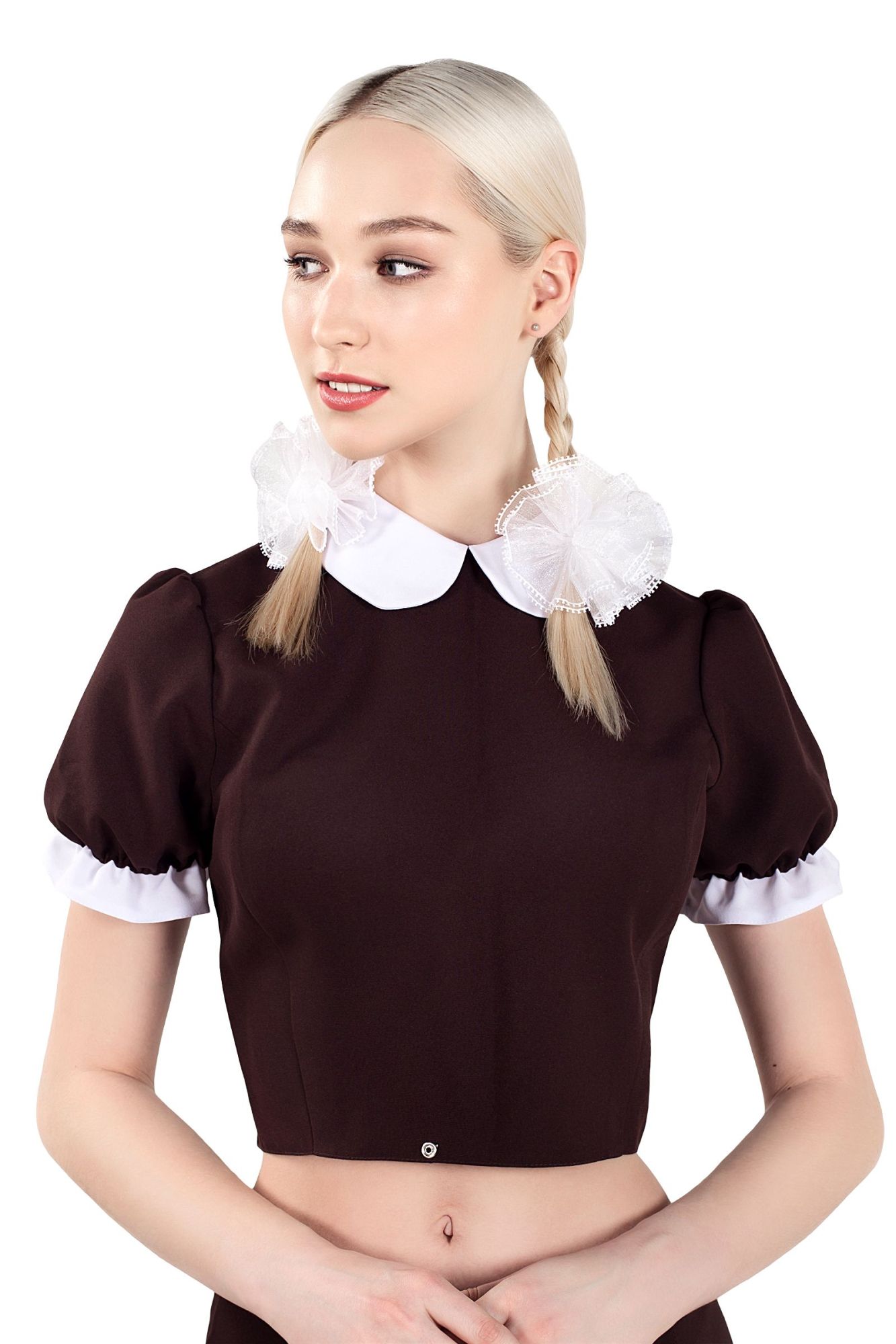 Эротическое верхняя часть костюма «русская школьница», pecado bdsm, топ, банты, коричнево-белый, 46 в Севастополе