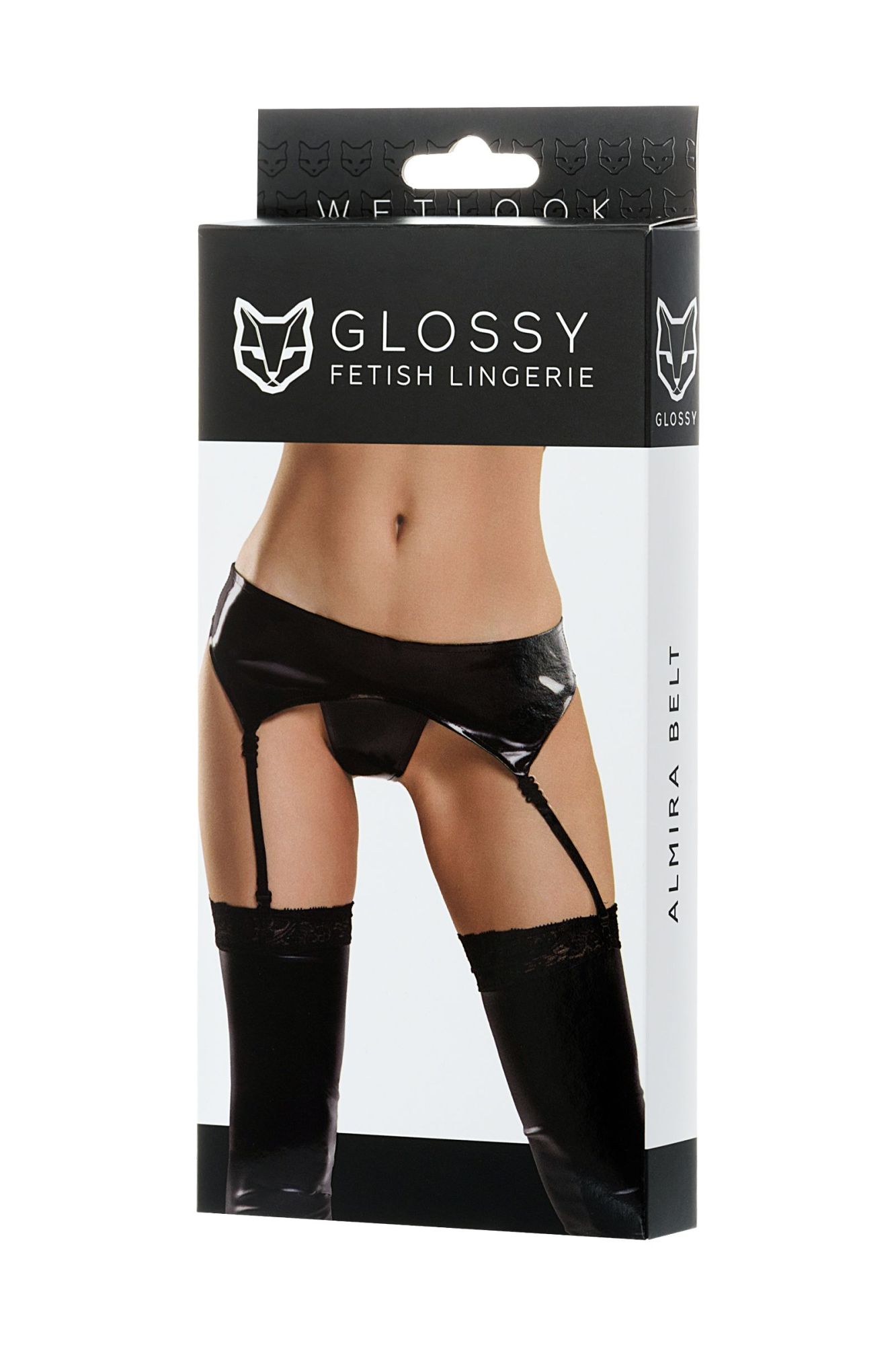 Эротическое комплект glossy almira из материала wetlook (пояс с пажами для чулок и трусики), черный, m в Севастополе